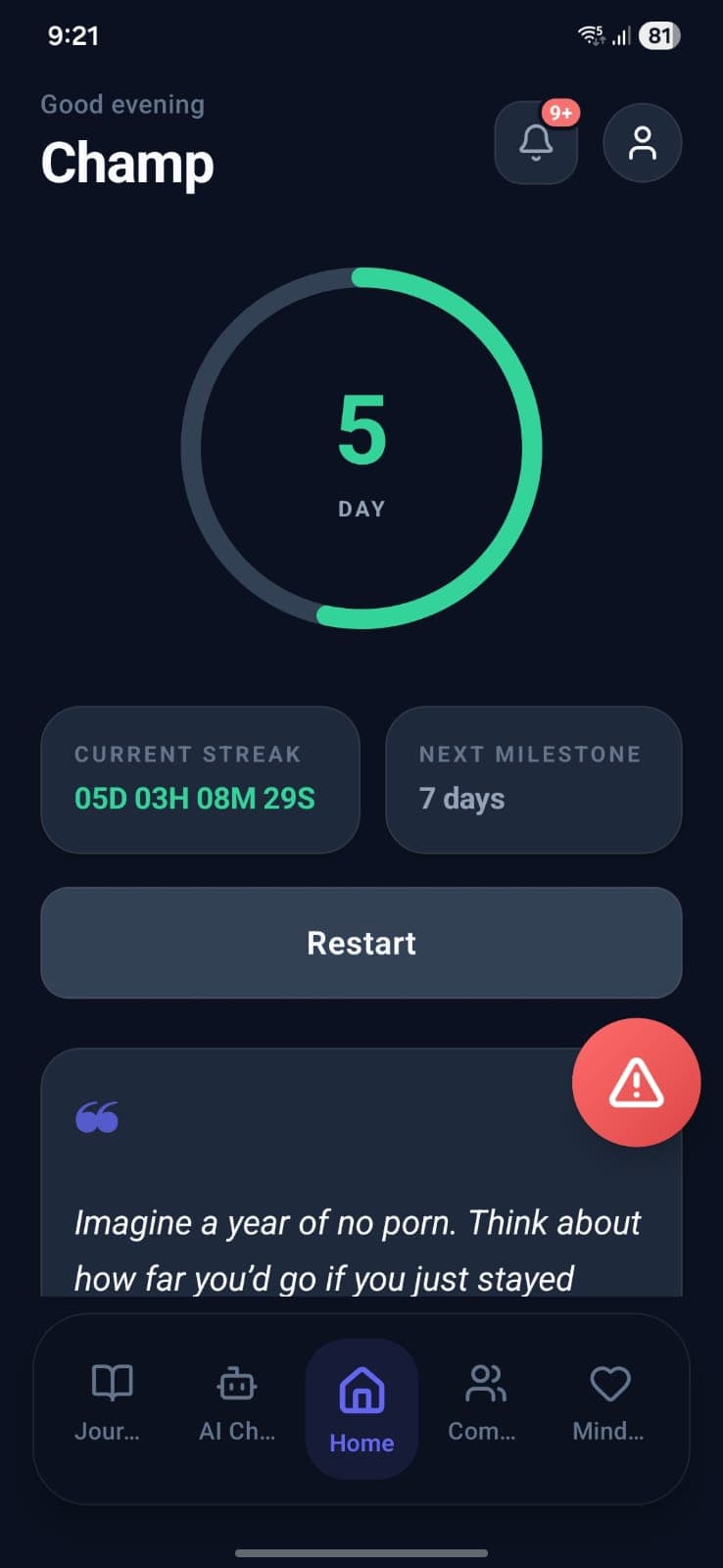 Streak Tracking & Milestones, Live streak timer, milestone targets, and progress motivation.